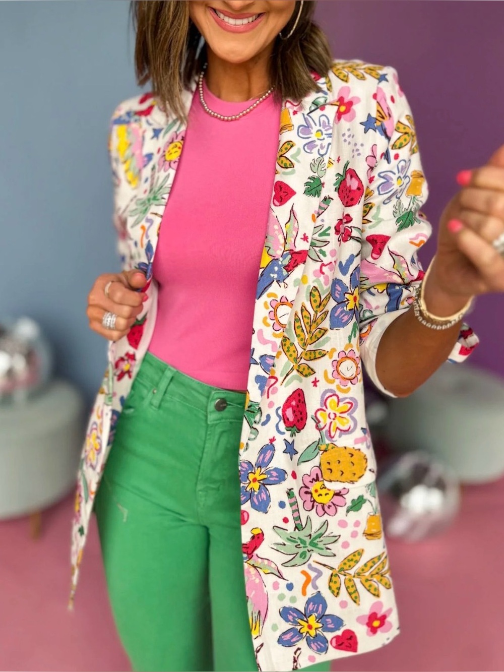 Fate Floral Multi-Color Linen Blend Jacket - White Base - Picture 2 of 9